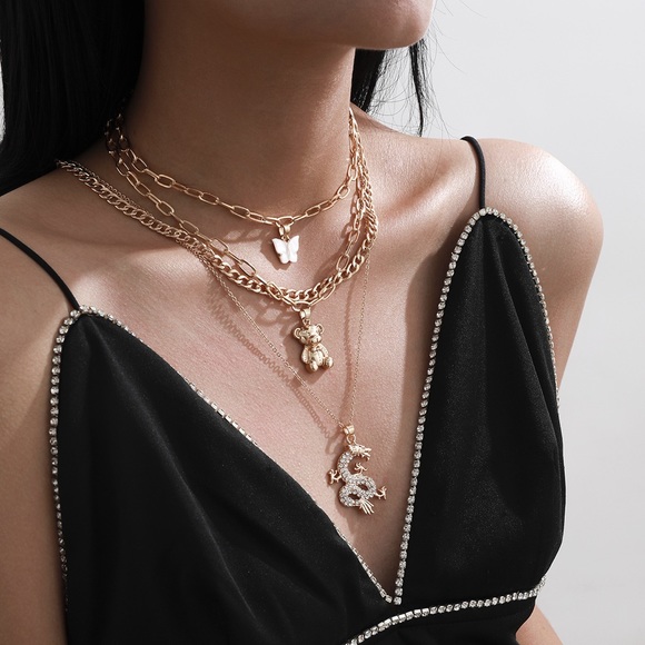 NEW | Layered Bear Dragon Butterfly Chain Necklace - Picture 3 of 5